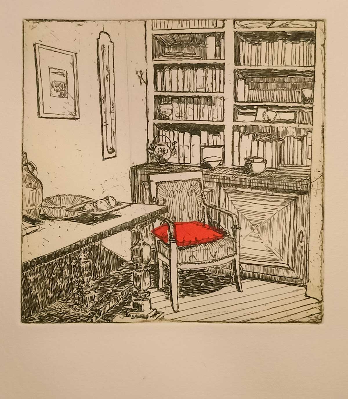 gravure Laura Dedieu (gers) biblio verte chine rouge